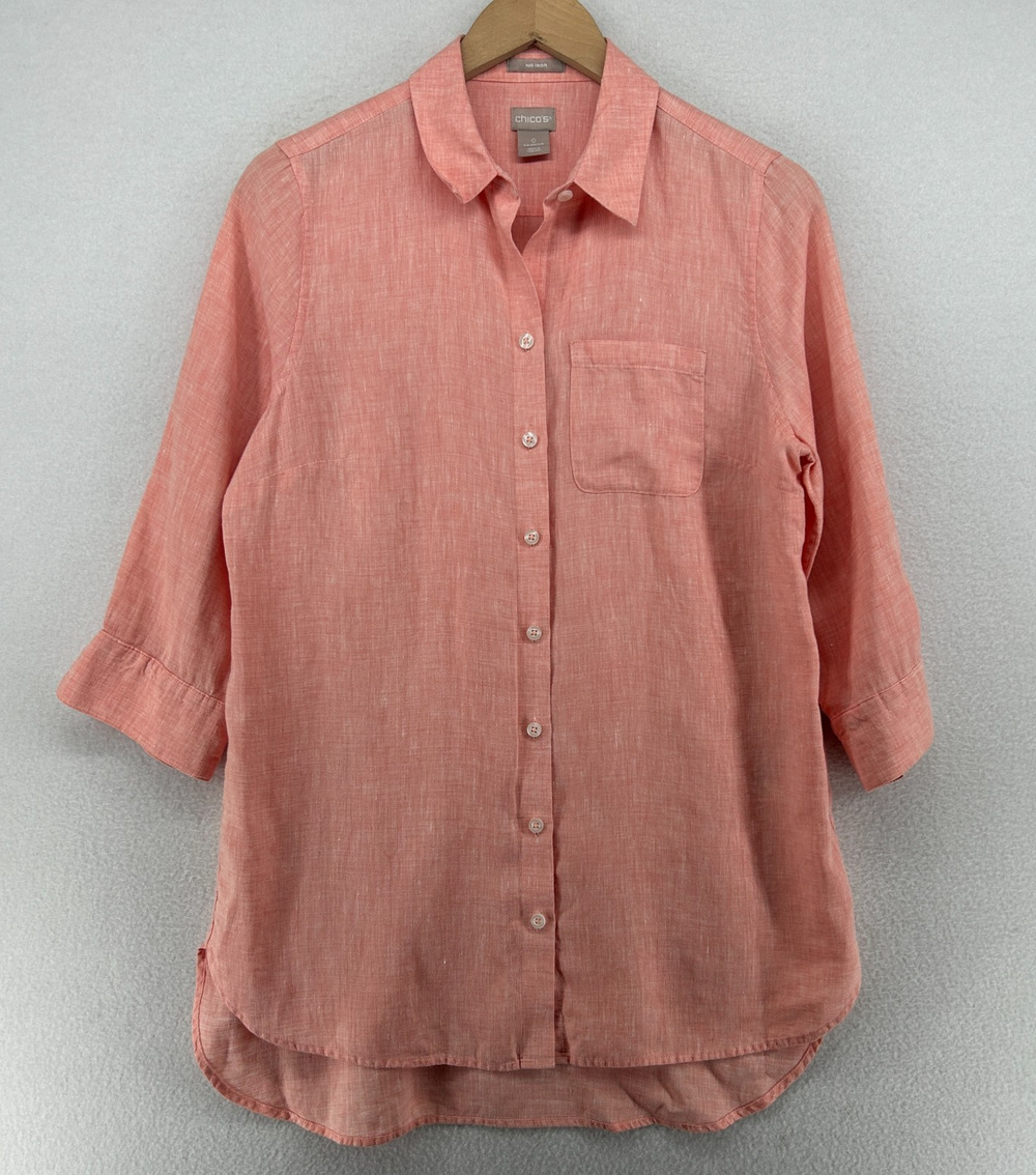 CHICOS Top 0 XS No Iron Linen Tunic Shirt Button Up 3/4 Sleeve Woven Salmon Pink
